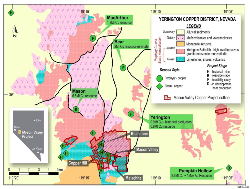 Regional geology of the Yerington copper district showing major copper resources in the district as well as the Mason Valley Copper Properties Project shown in red outline. (CNW Group/GRG Copper)